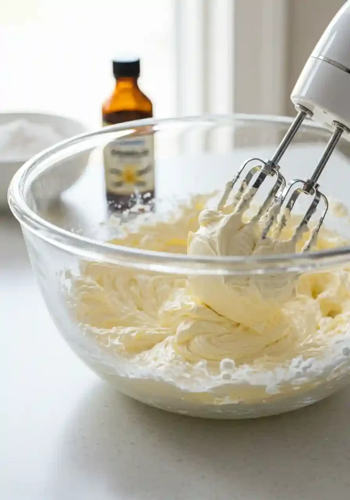 Mixing Cream Cheese, Sugar, and Vanilla for Strawberry Lasagna