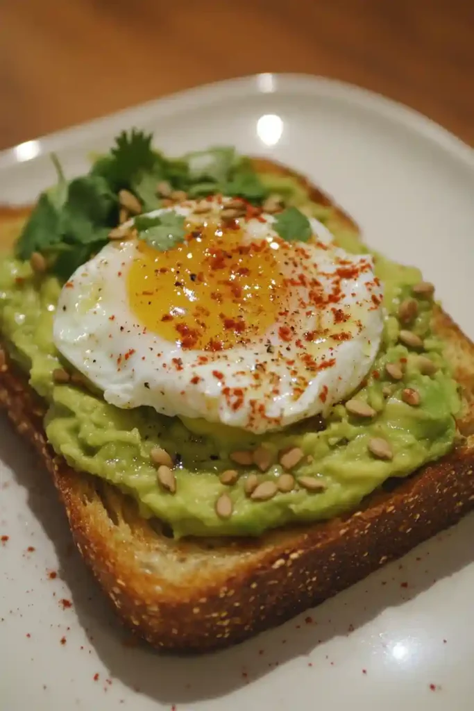 Poached egg being placed on avocado-covered toast