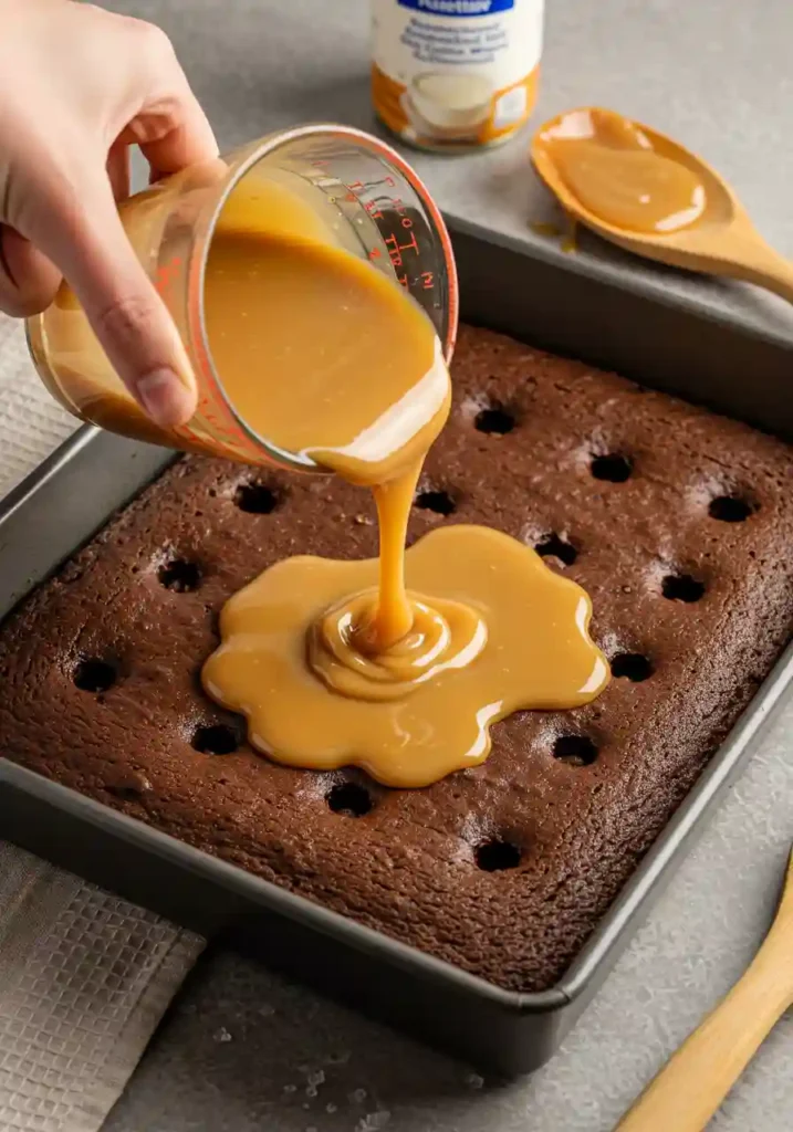 Caramel and condensed milk being poured into holes in chocolate cake
