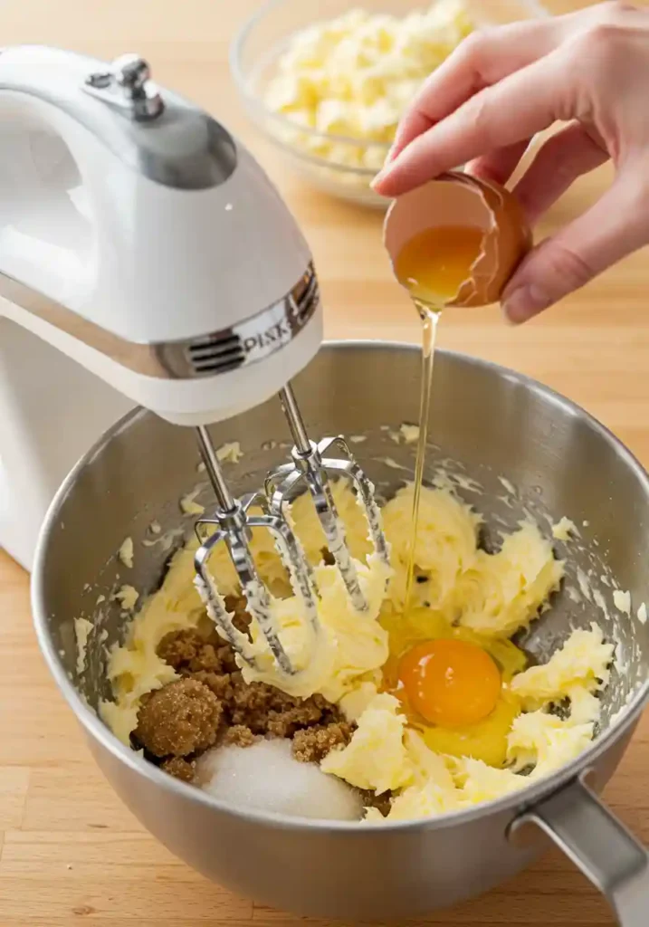 Beating eggs and vanilla into creamed butter and sugars