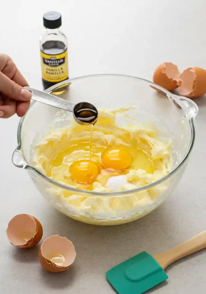 Eggs and vanilla being added to a bowl of creamed butter and sugar