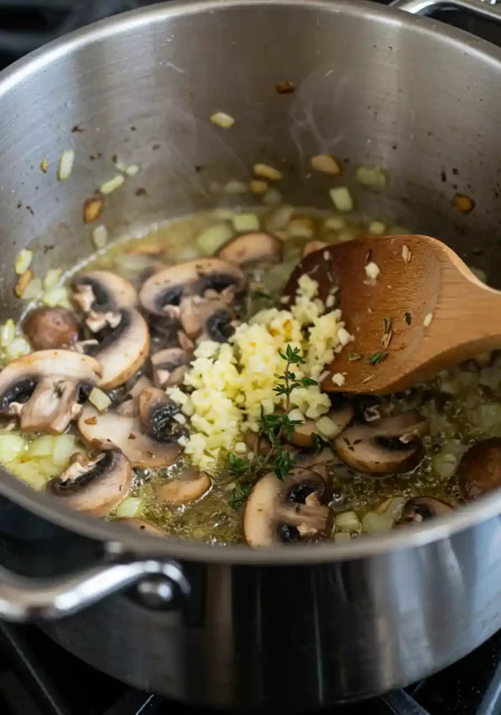 Aromatics cooking in pot with mushrooms for soup base