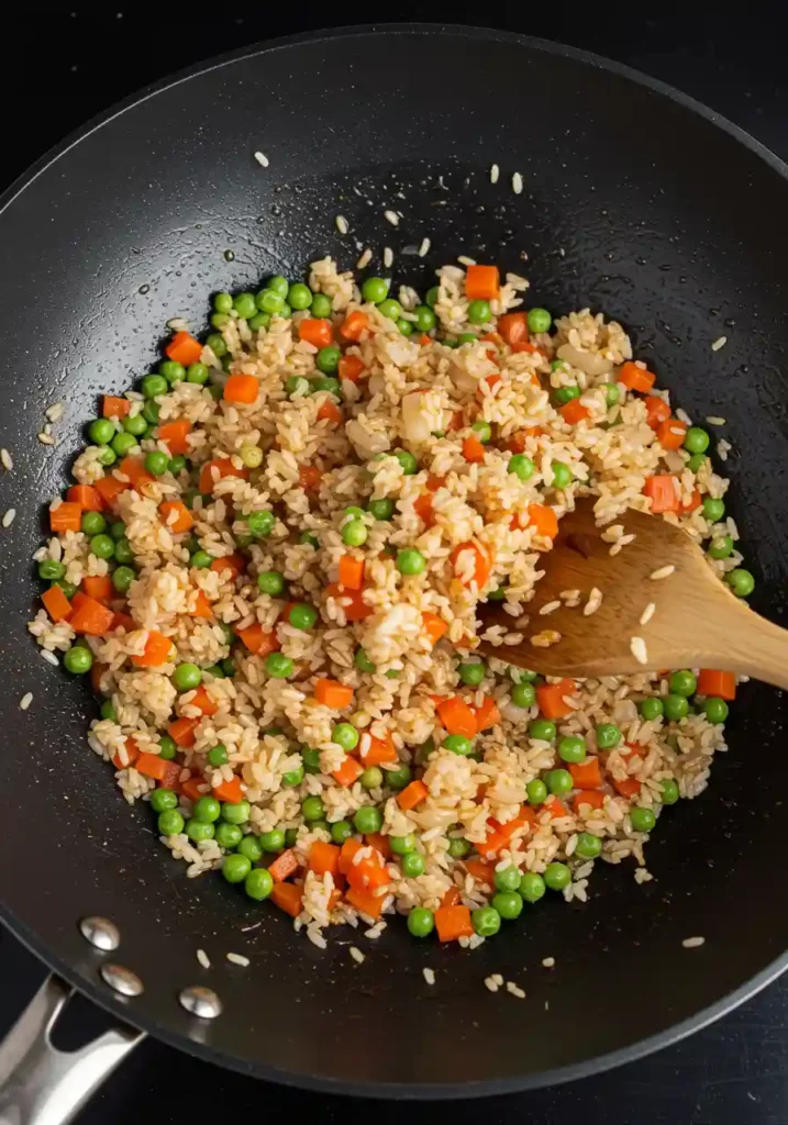 Wok full of rice being tossed with soy and oyster sauces