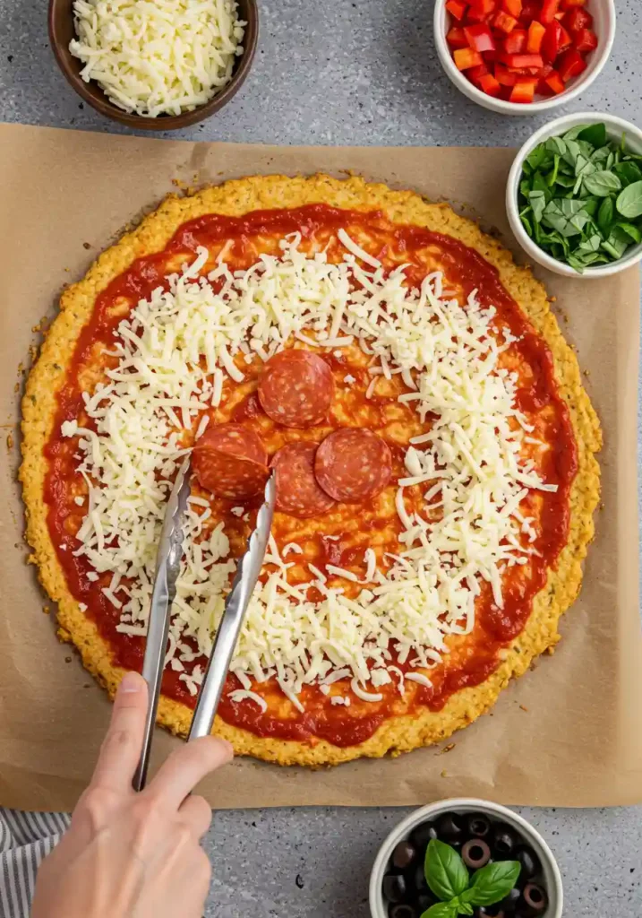 Sauced chicken crust pizza sprinkled with mozzarella and pepperoni slices
