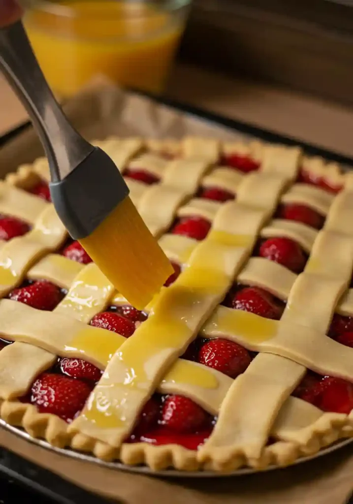Coated strawberry slices layered in baked crust