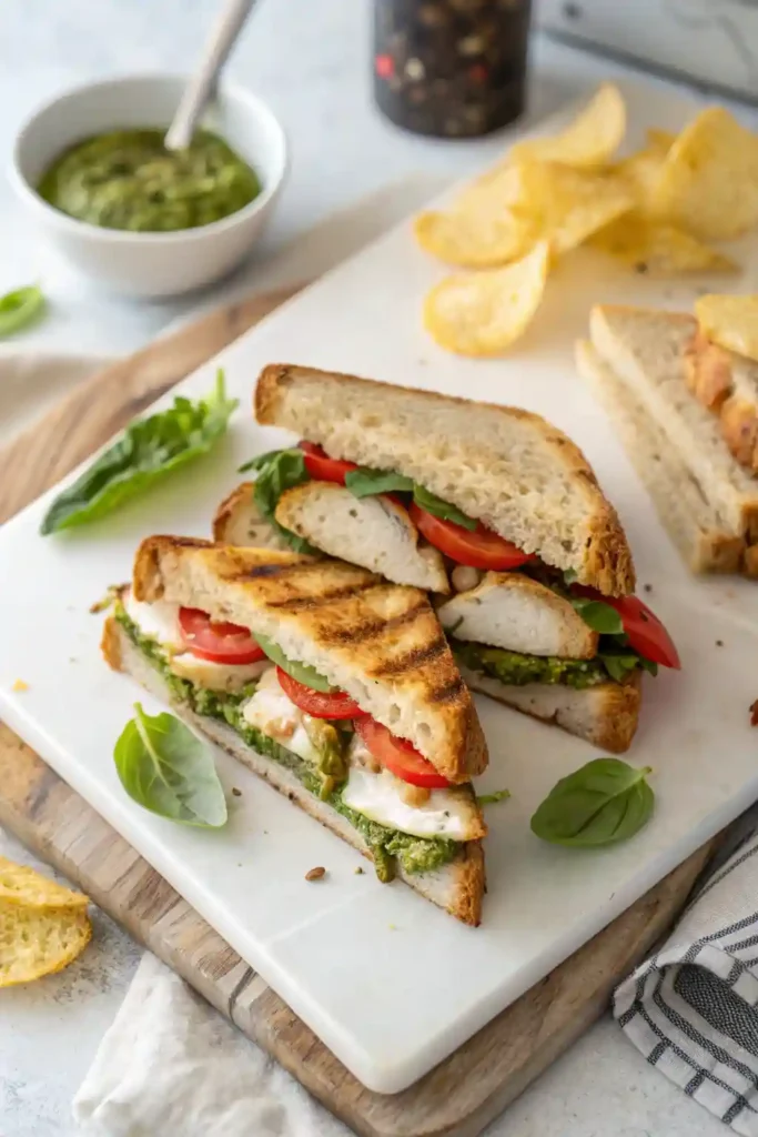 Layering grilled chicken, pesto, cheese, and greens on sourdough