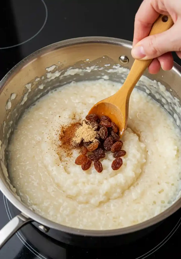Baking dish of rice pudding surrounded by water bath in oven