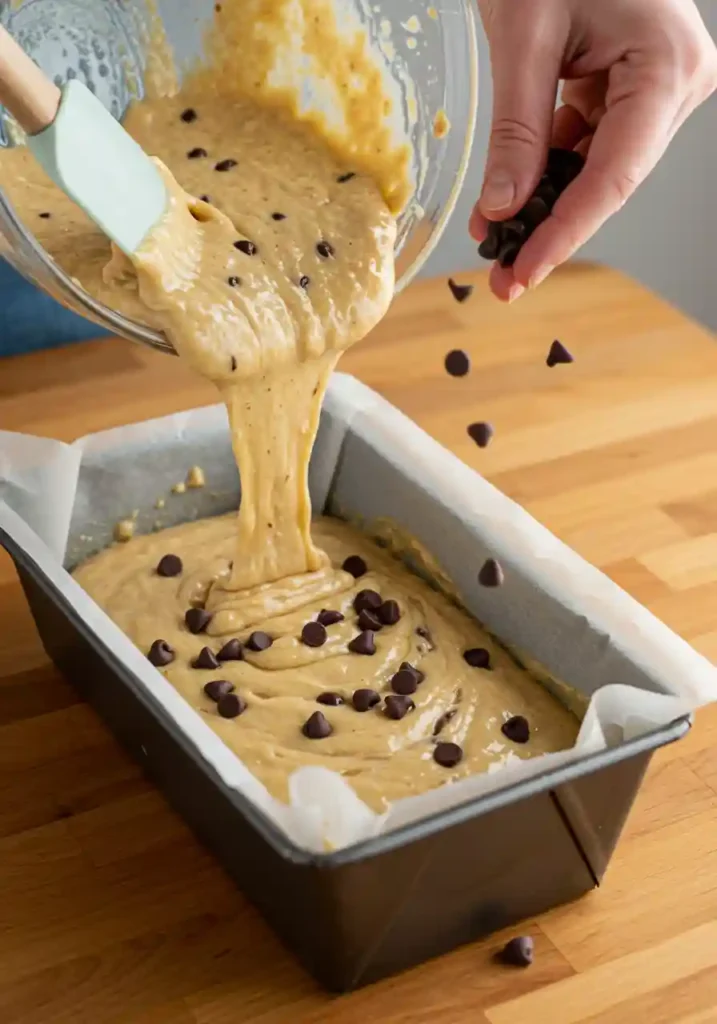 Loaf pan filled with banana batter sprinkled with chocolate chips