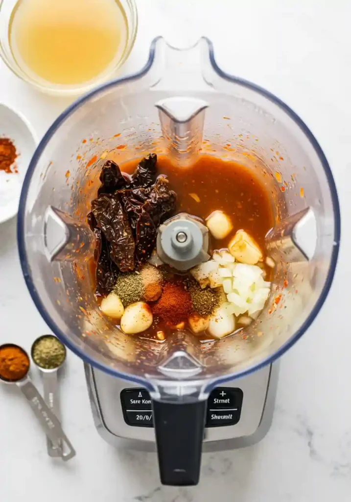 Blender filled with birria sauce ingredients