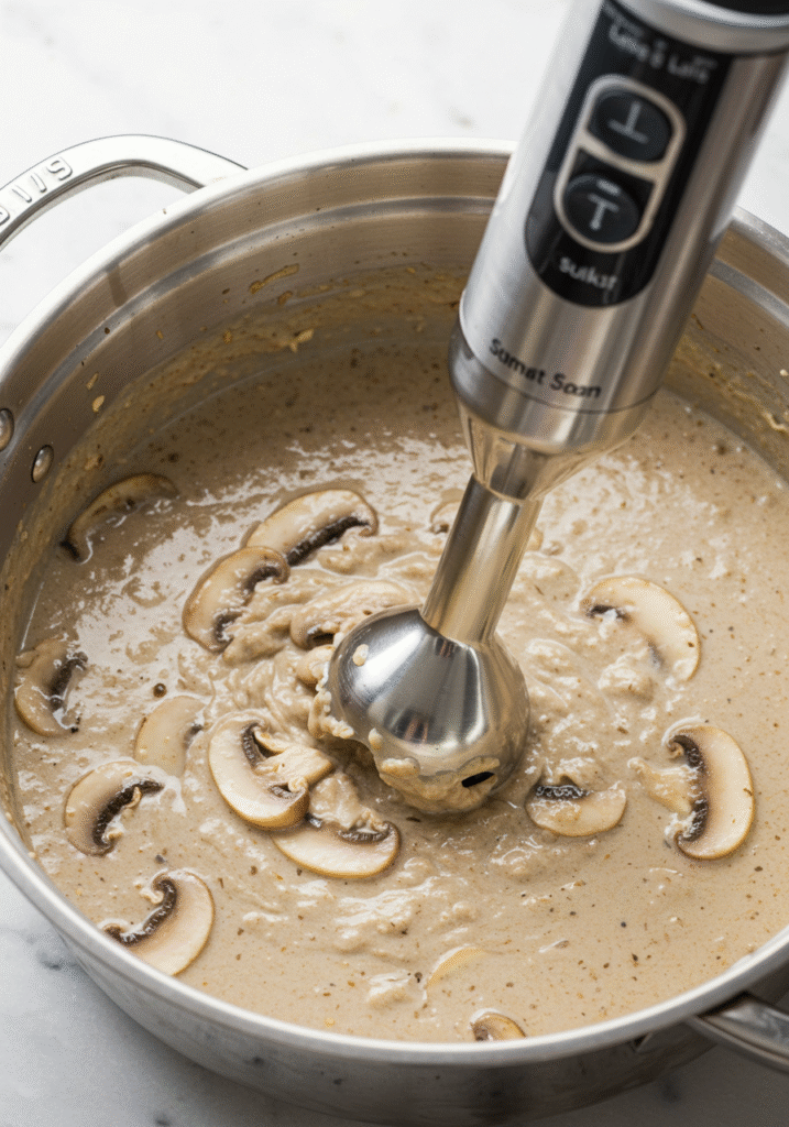 Immersion blender blending mushroom soup in a pot