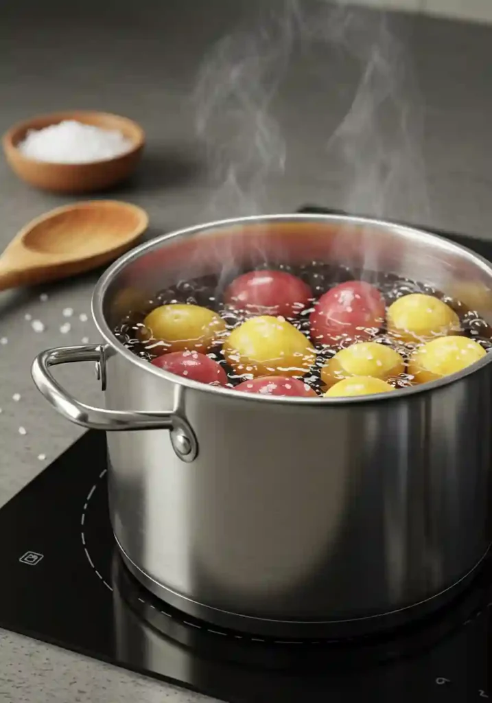 Large pot of baby potatoes boiling on stovetop with steam rising