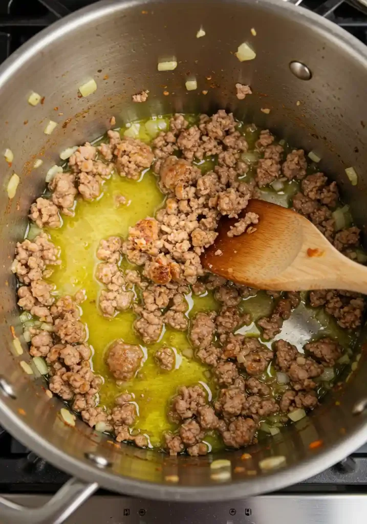 Crumbled Italian sausage cooking in a pot