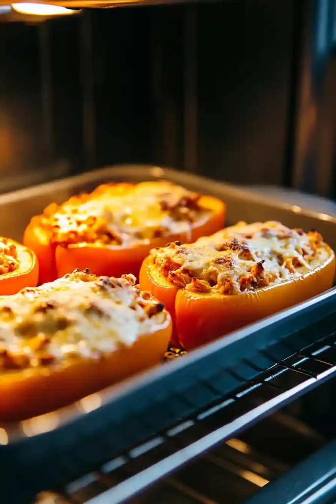 Stuffed peppers with cheese bubbling in the oven