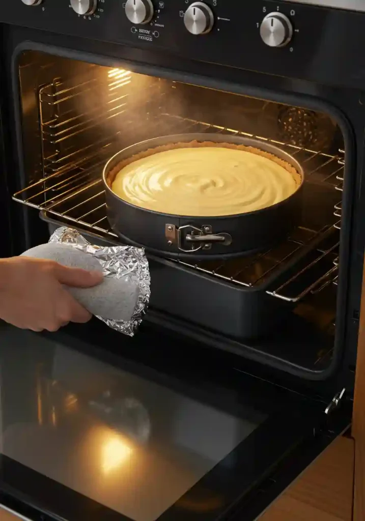 Foil-wrapped cheesecake pan inside roasting pan filled with water, baking