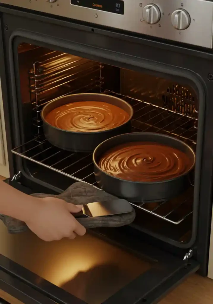 Two round cake pans filled with chocolate batter being placed in oven