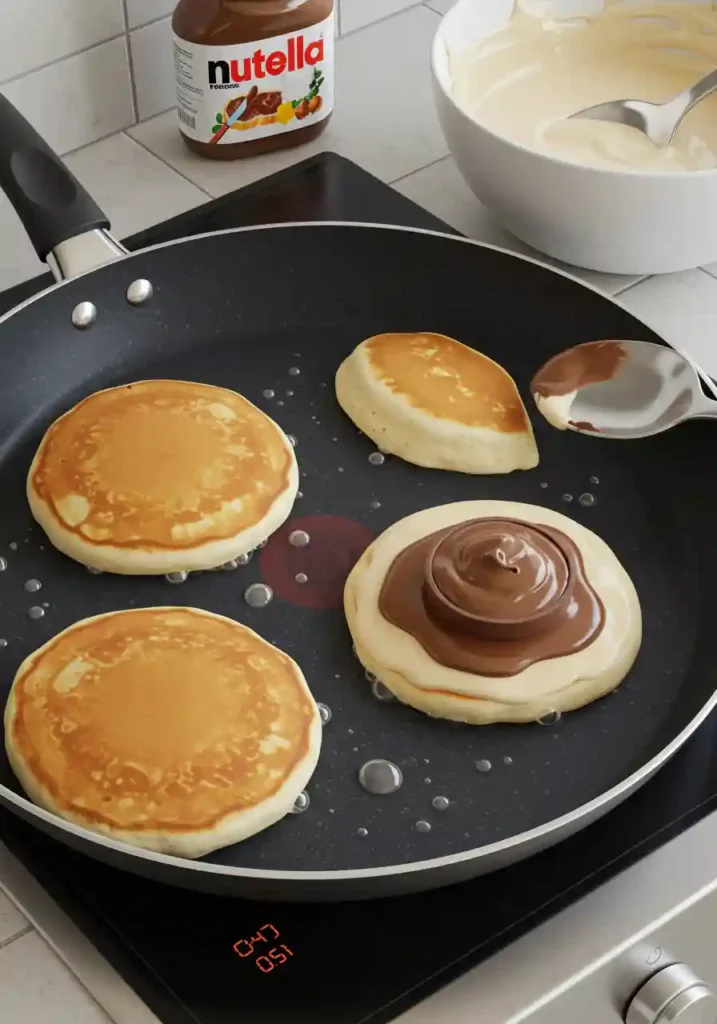Pancakes bubbling on a skillet with Nutella inside
