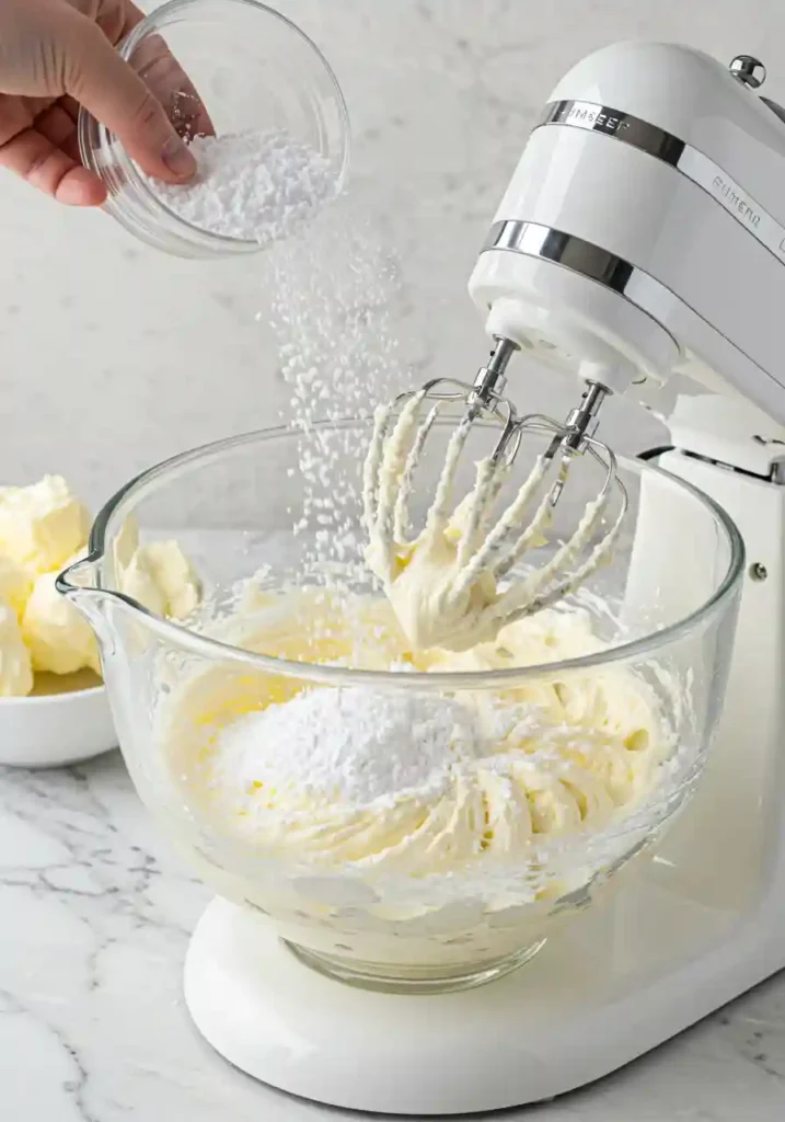 Mixer bowl of smooth cream cheese frosting