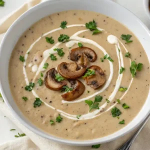 Creamy mushroom soup in a bowl with garnish and bread