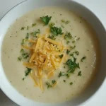 Bowl of silky broccoli cauliflower soup with cheddar swirl