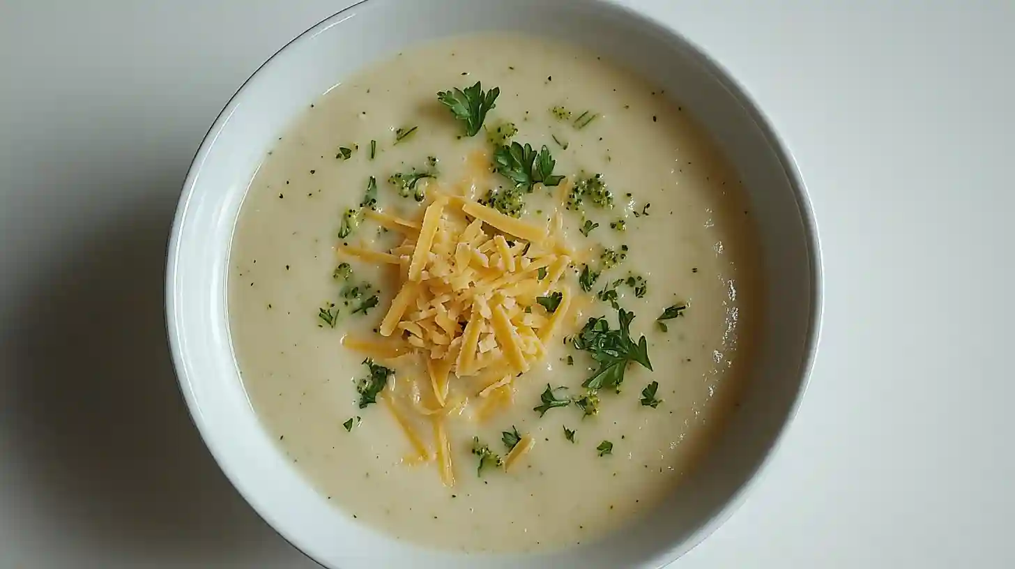 Bowl of silky broccoli cauliflower soup with cheddar swirl