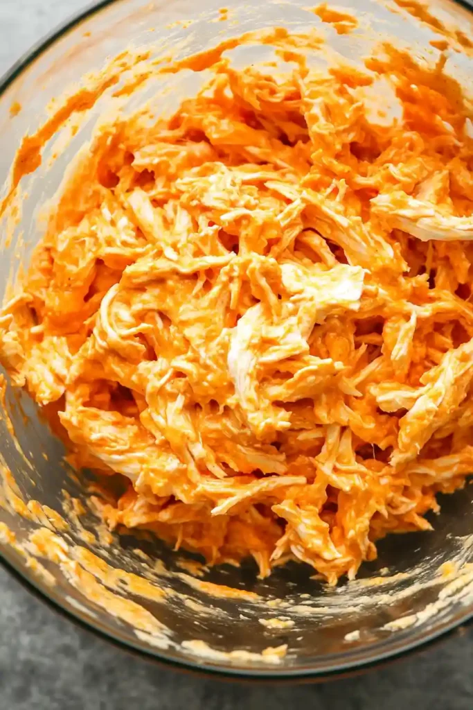 Shredded chicken, buffalo sauce, cream cheese, and ranch dressing being mixed