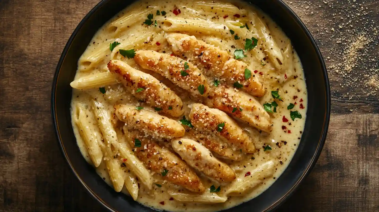 Garlic Parmesan Chicken Pasta in Rustic Bowl