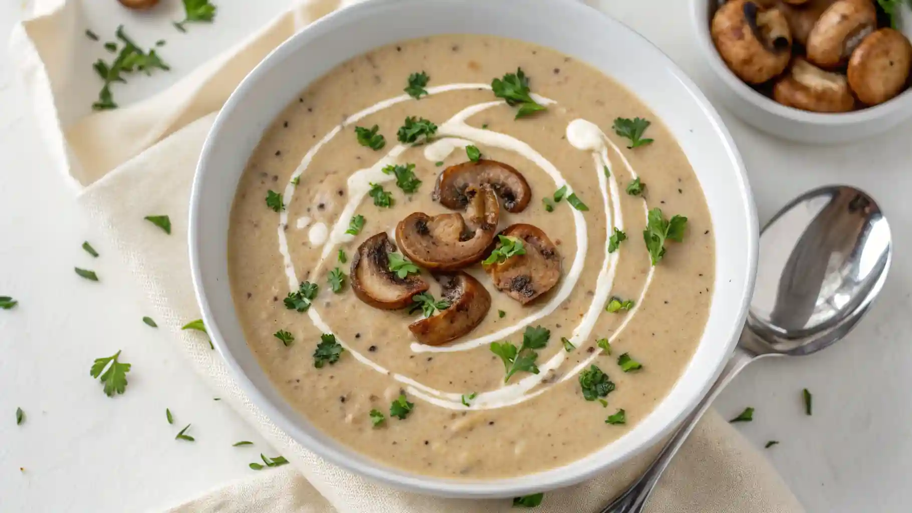 Bowl of cream of mushroom soup garnished with parsley