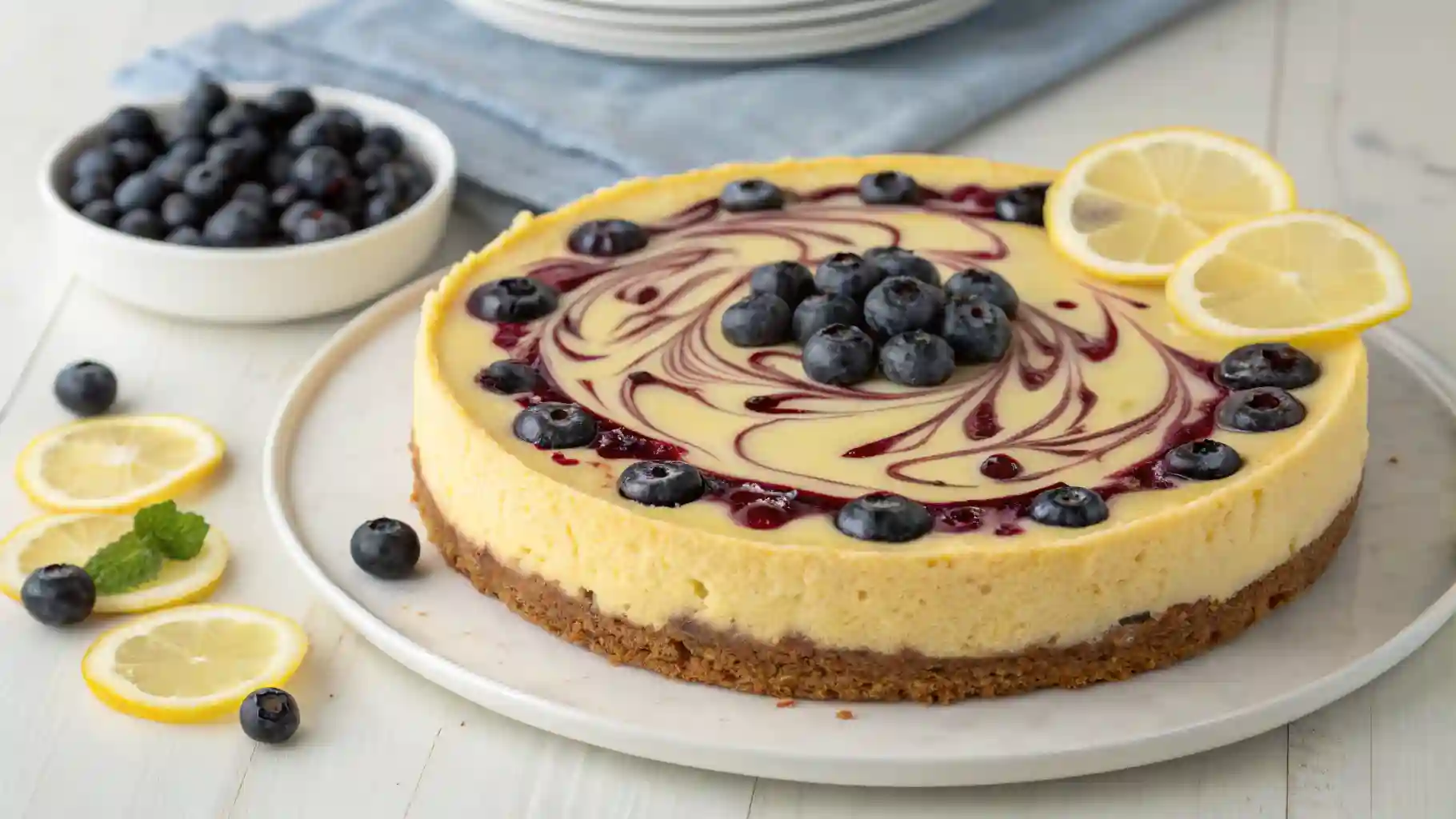 Whole lemon blueberry cheesecake topped with blueberry sauce and lemon slices