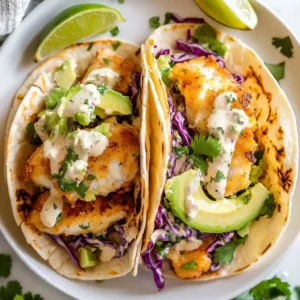 Plated fish tacos with lime wedges and fresh toppings