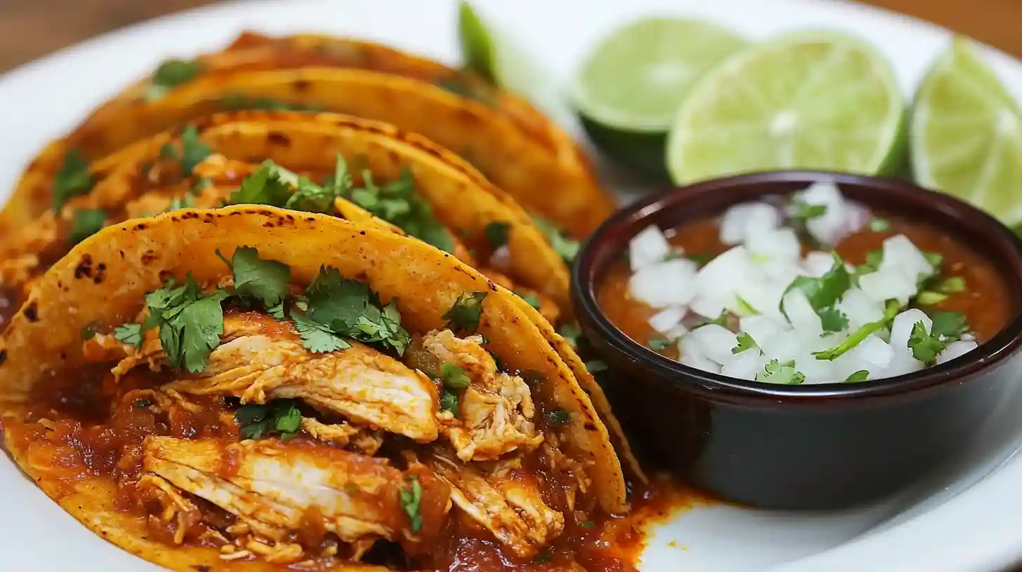 Chicken birria tacos with lime and dipping broth
