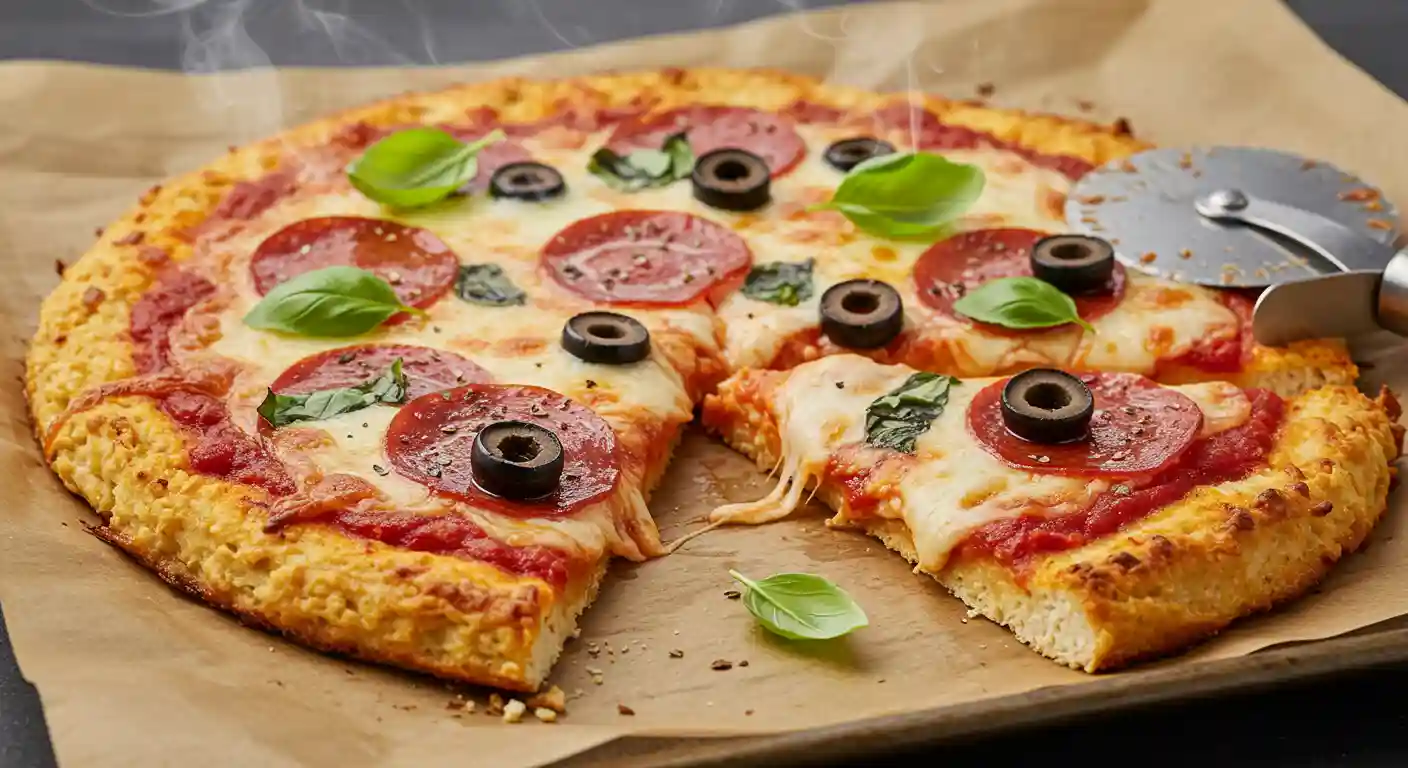 Baked chicken crust pizza topped with melted mozzarella and pepperoni