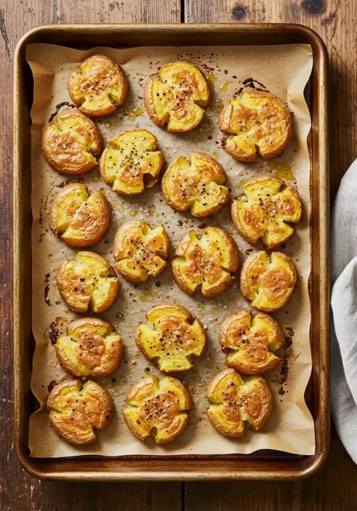 Golden-brown smashed potatoes roasting on parchment-lined baking sheet