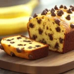 Loaf of banana bread with melted chocolate chips on cutting board