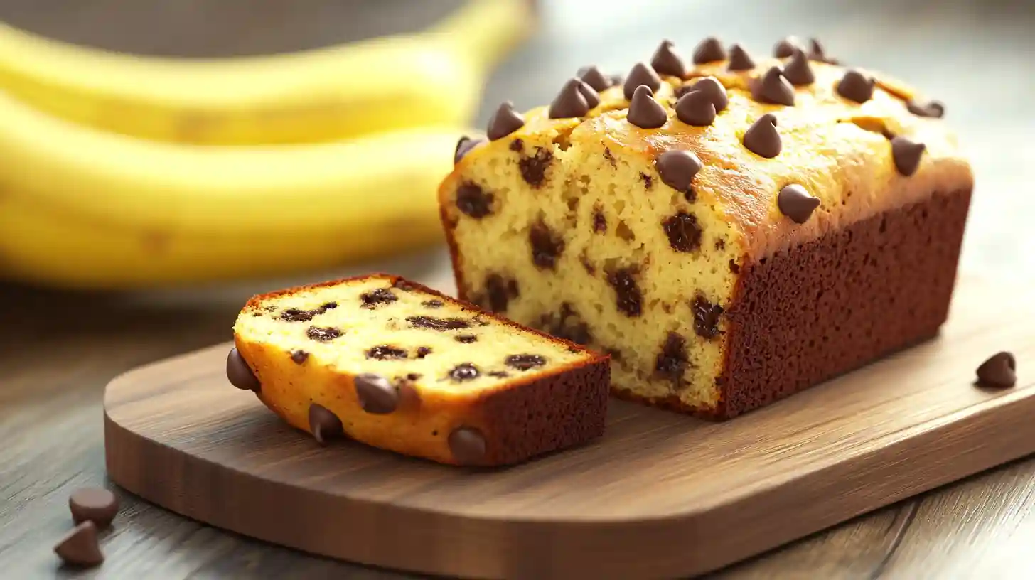 Loaf of banana bread with melted chocolate chips on cutting board