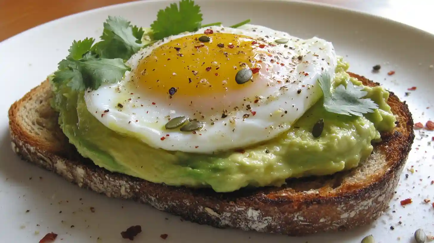 Plate of avocado toast with poached egg and herbs
