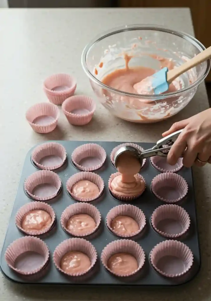 Pink cupcake batter being scooped into paper liners