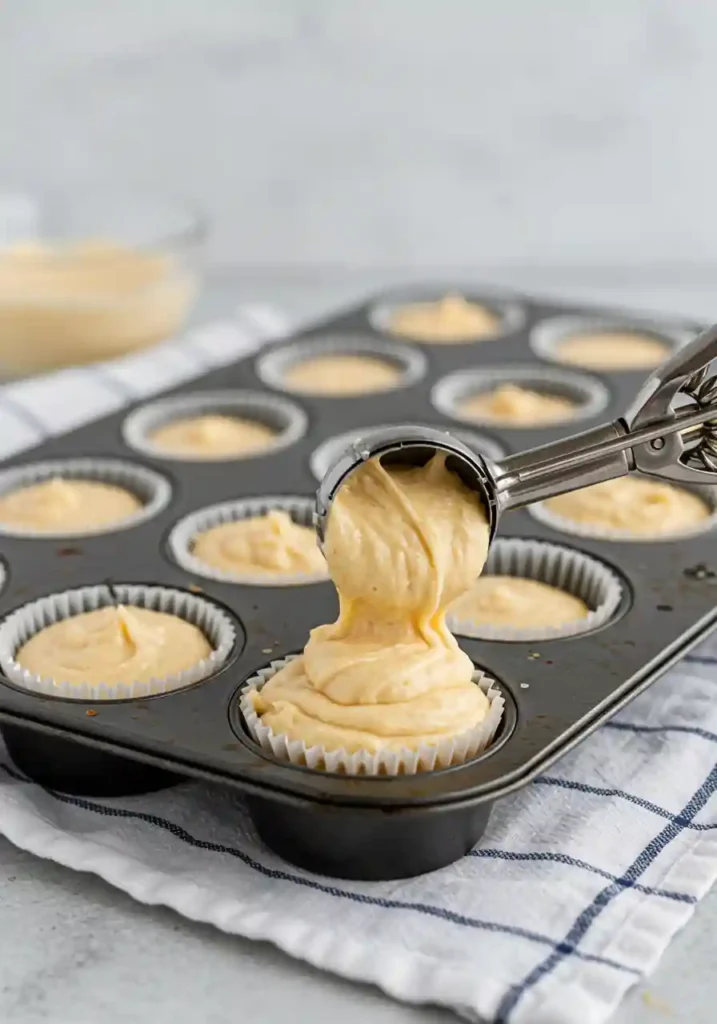 Spoon portioning muffin batter into paper-lined cups