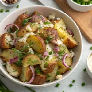 Served smashed potato salad garnished with fresh herbs and a drizzle of olive oil