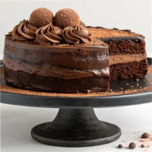 Sliced chocolate truffle cake with ganache and decorations