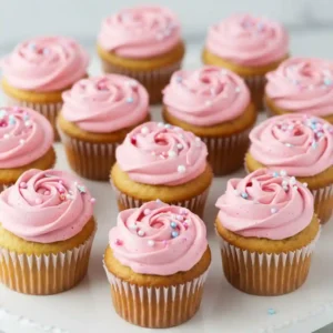 Fully baked pink cupcakes with buttercream frosting and sprinkles
