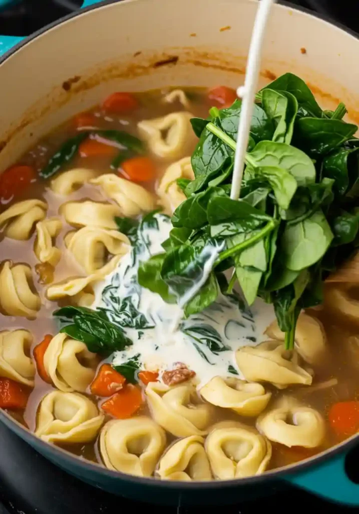 Swirl of cream and wilted spinach in soup