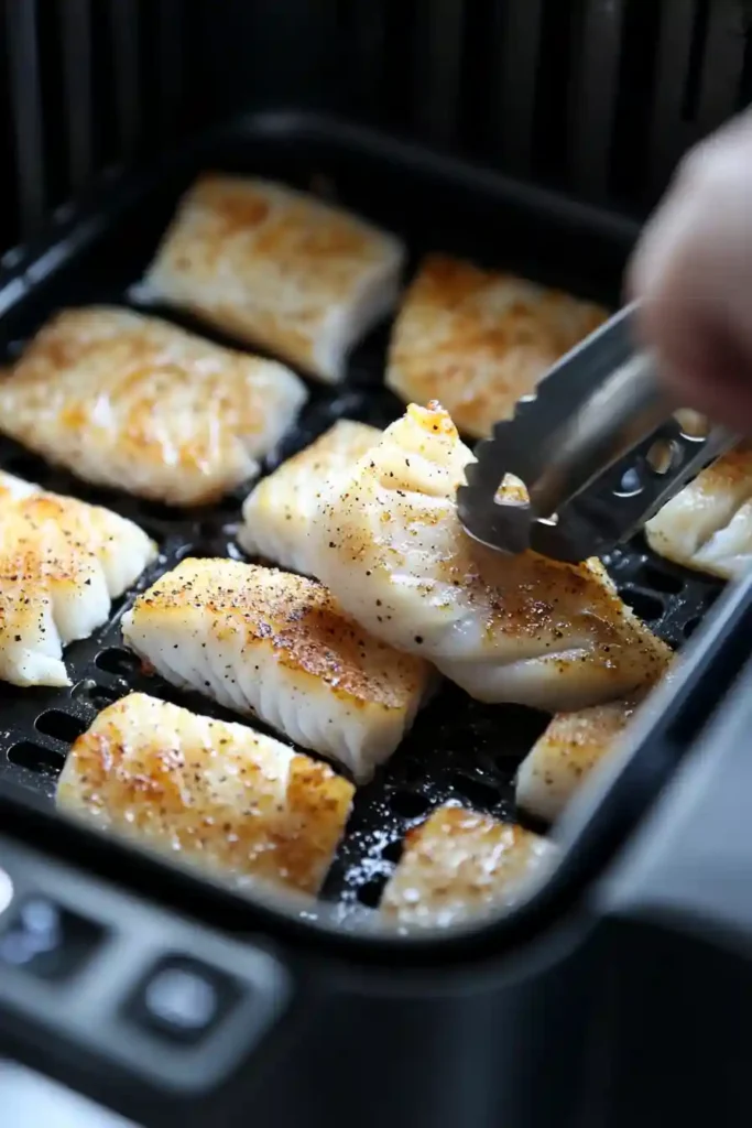 Crispy seasoned fish fillets in an air fryer basket mid-cook