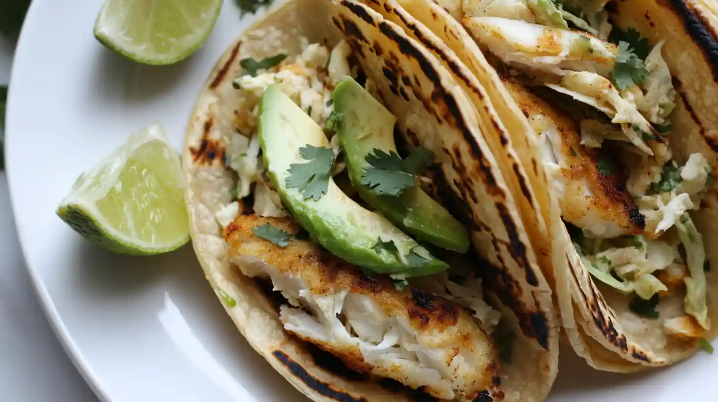 Crispy air fryer fish tacos with lime, slaw, and avocado