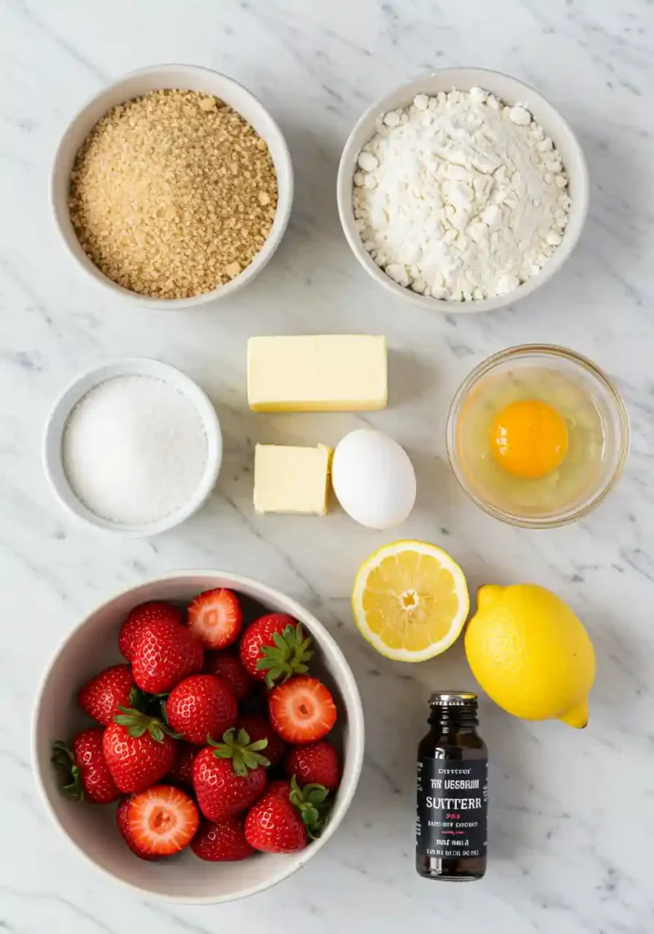 Strawberries, jello, crust ingredients on countertop