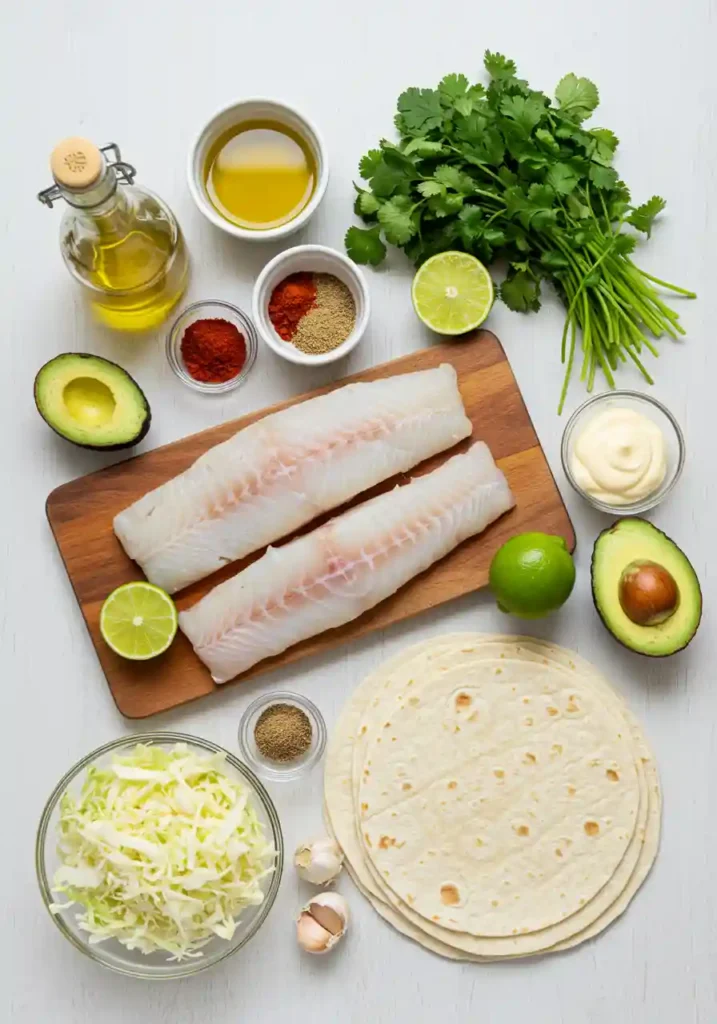 Cod fillets, spices, cabbage, tortillas, lime, and cilantro