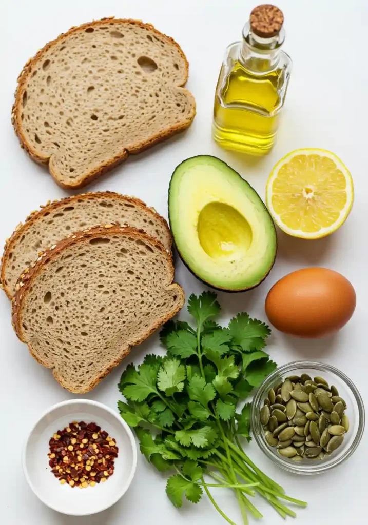 Ripe avocado, bread, lemon, olive oil, eggs, and seasonings on a wooden board