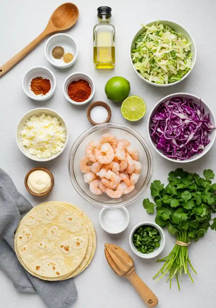 Raw shrimp, spices, cabbage, tortillas, and lime displayed on a kitchen counter