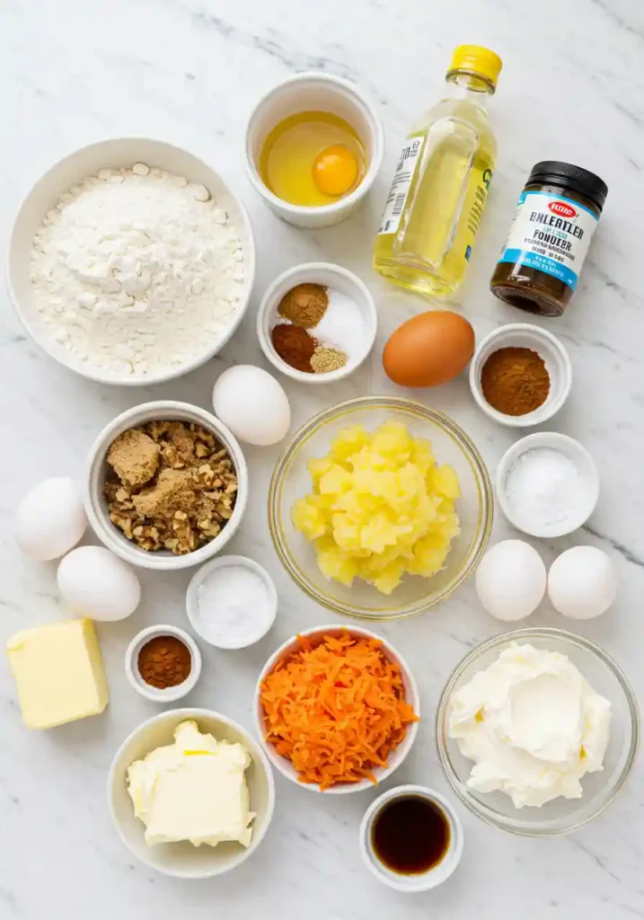Grated carrots, flour, eggs, sugar, spices, and oil on a wooden board