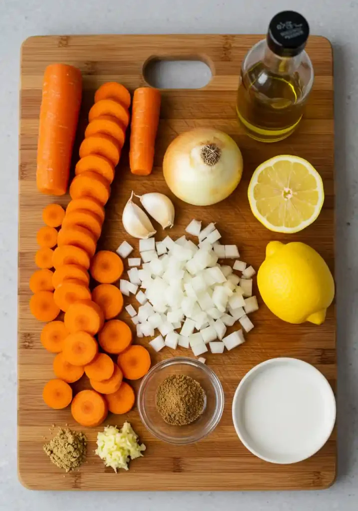 Carrots, Onion, Garlic, Ginger, Spices, Coconut Milk