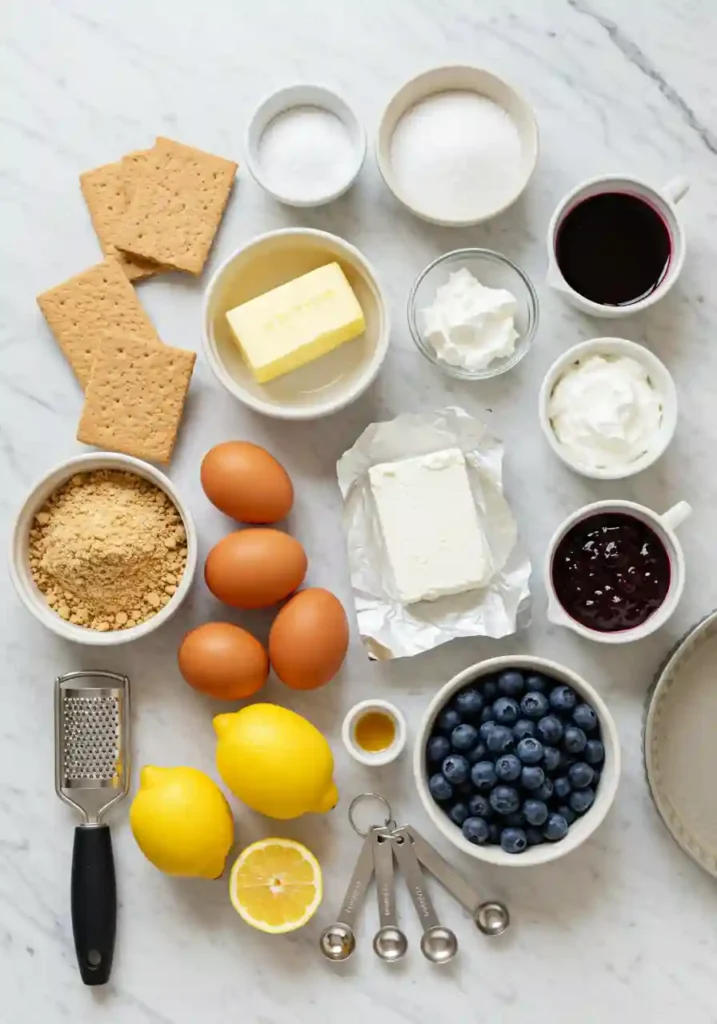 Top-down view of cheesecake ingredients including lemons, blueberries, cream cheese, and graham crackers